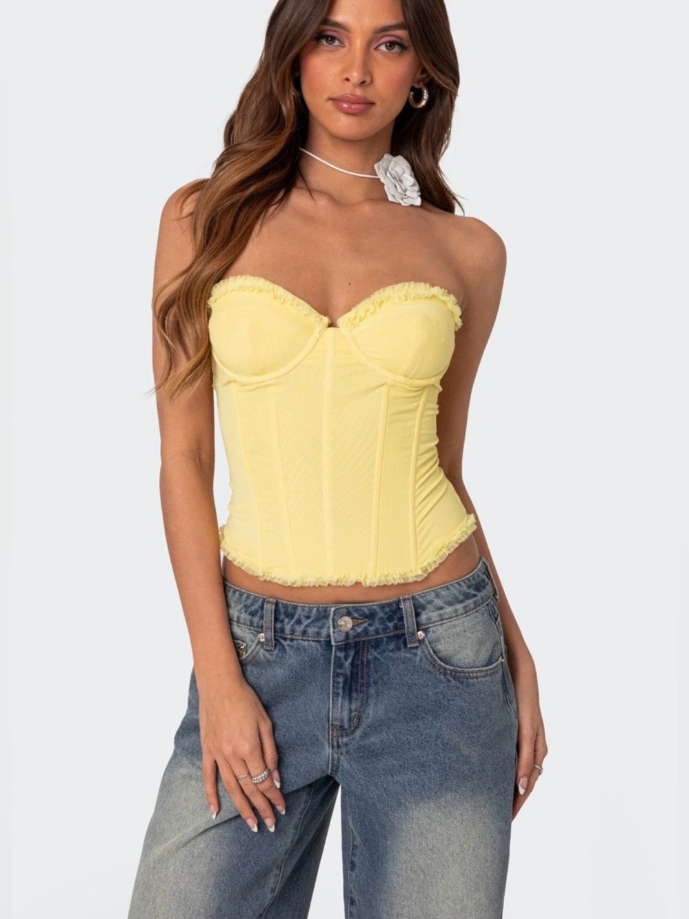 NWOT Edikted Deirdre Mesh Lace Up Corset in Yellow XS